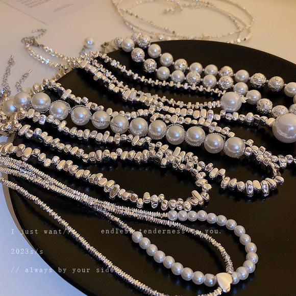 高級感不規則碎銀幾兩珍珠項鍊甜酷金屬風鎖骨鏈復古氣質項飾