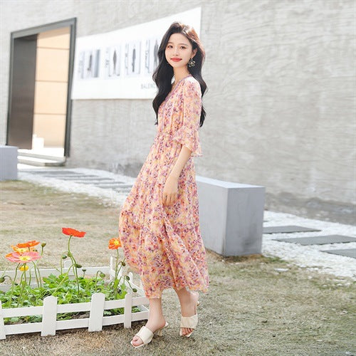 2023早春洋裝韓系慵懶風碎花領甜美仙女雪紡溫柔內搭長裙