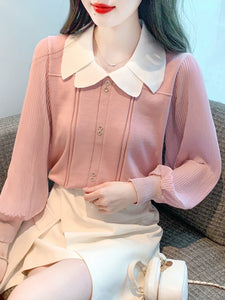 娃娃領燈籠袖雪紡拼接針織衫秋冬款歐美粉色內搭上衣女士減齡漂亮上衣