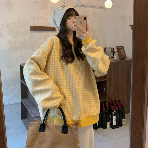 秋冬刷毛加厚寬鬆長袖保暖棉質上衣女學生格紋中長款圓領上衣