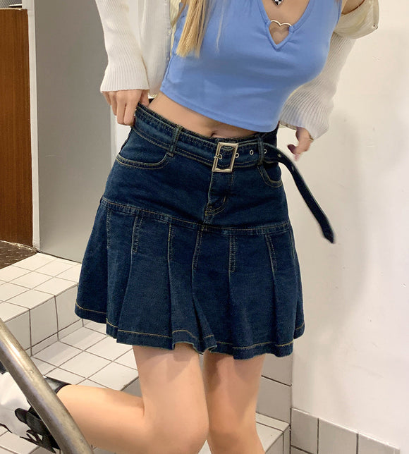 復古藍牛仔百褶半身裙女2022春裝新款韓系高腰顯瘦A字短裙潮