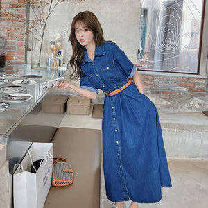 牛仔洋裝女夏季法式復古收腰顯瘦氣質長款襯衫裙子