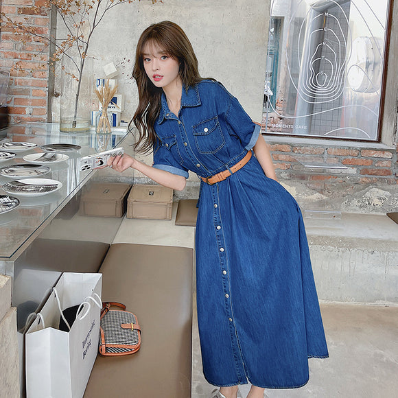 牛仔洋裝女夏季法式復古收腰顯瘦氣質長款襯衫裙子