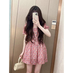 甜辣風碎花裙設計感兩穿一字肩方領洋裝收腰顯瘦A字裙子夏季女
