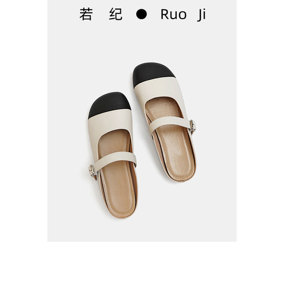 若儋 原創款！包頭半拖鞋女真軟皮懶人鞋平底涼拖休閒穆勒鞋
