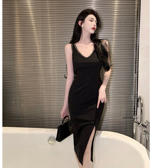 2022新款名媛時尚輕熟黑色性感夜店裙 宴會禮服背心洋裝