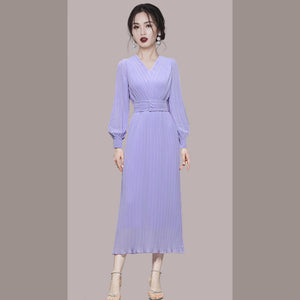 法式名媛洋裝女秋季氣質收腰中長款小香風歐美紫色裙子