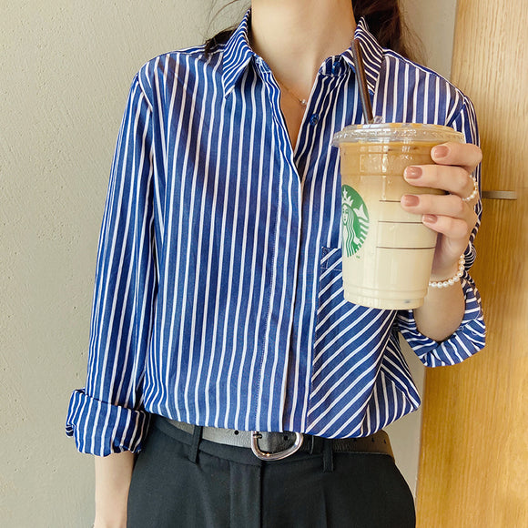 24年春季條紋襯衫女疊穿藍白豎條紋內搭上衣寬鬆百搭長袖內搭上衣