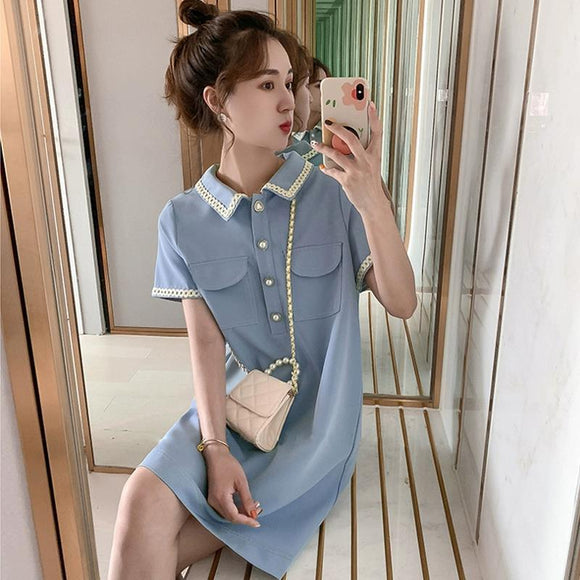 款2023名媛小香風法式洋裝女寬鬆娃娃裝顯瘦珍珠扣裙子