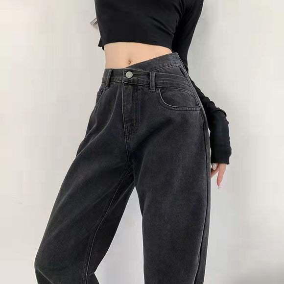高腰黑灰淺藍復古寬褲不規則風交叉腰寬鬆拖地牛仔褲女