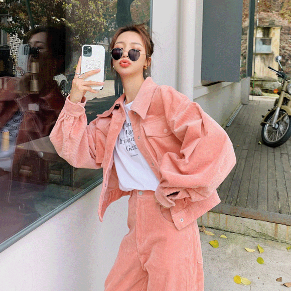 粉色燈芯絨外套工裝套裝女春秋新款韓版時尚歐美減齡兩件式套裝潮