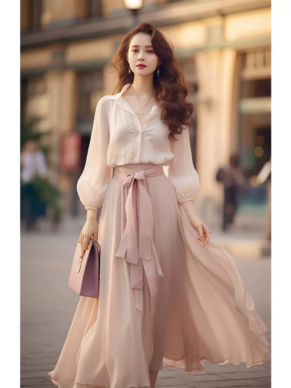2023秋季法式小香風減齡歐美時尚粉色雪紡襯衫半身裙兩件式套裝