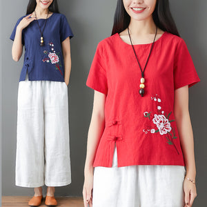 夏新女復古民族風盤釦上衣短袖T恤棉麻刺繡寬鬆大尺碼