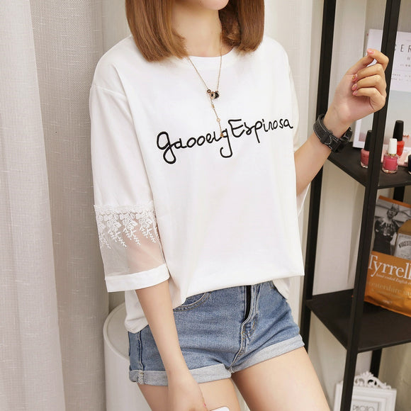韓版寬鬆短袖蕾絲網紗短袖夏季新款字母印花圓領T恤女衫