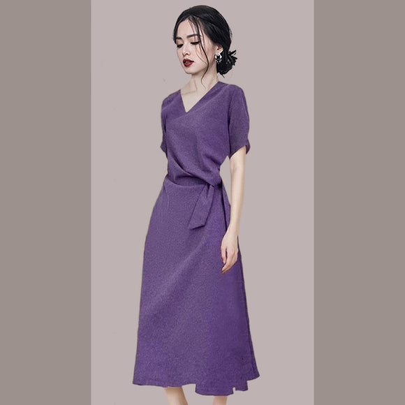 法式名媛紫色洋裝女夏季氣質收腰中長裙