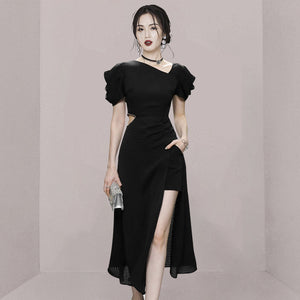 法式設計感時尚斜領泡泡袖露腰禮服裙 女裝高開叉性感洋裝