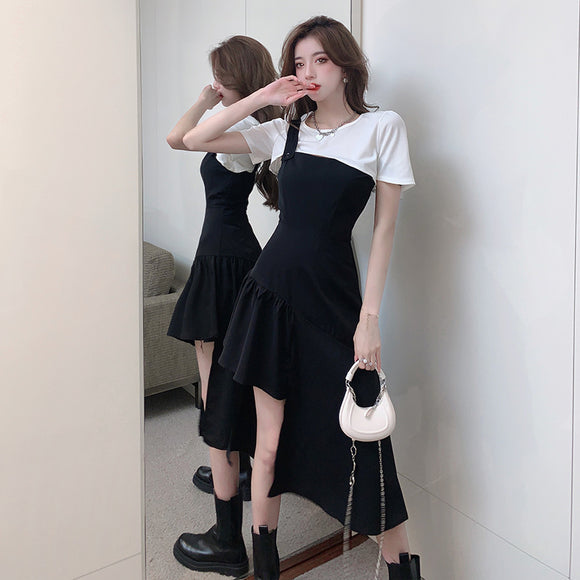 韓版設計感不規則高腰顯瘦吊帶洋裝+純色短款內搭上衣套裝