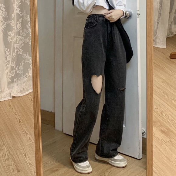 夏季愛心破洞牛仔寬褲女高腰直筒寬鬆拖地褲chic潮