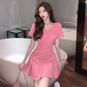 2023小個子v領褶皺短袖洋裝女收腰顯瘦單排扣襯衫短裙夏