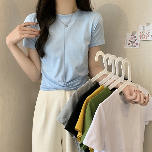 2022夏裝純色短袖T恤女新款韓版修身小眾設計學院風上衣