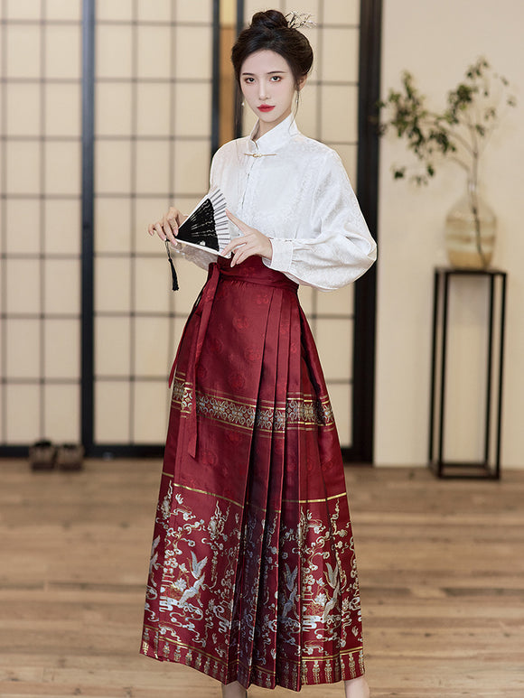 2023新中式國風漢服女鳳凰于飛織金緞面提花繫帶紅色馬面裙套裝女
