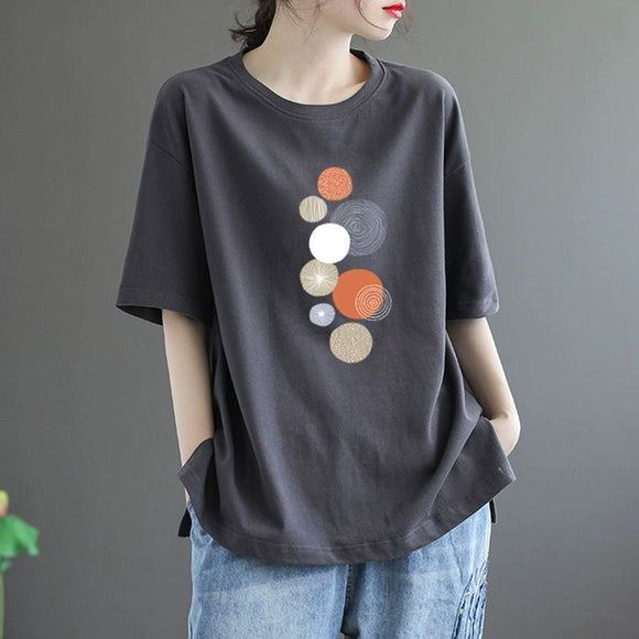 日本夏季純棉時尚短袖T恤休閒文藝顯瘦大尺碼印花上衣