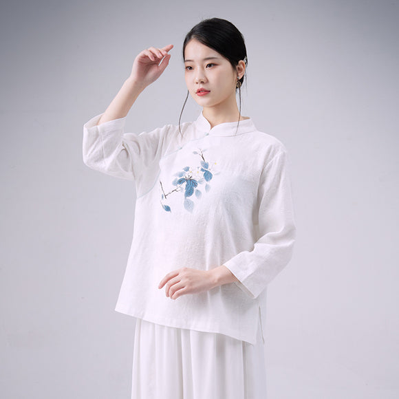 中國風棉麻上衣女民族風女裝中式立領茶服採耳師寬鬆復古漢服