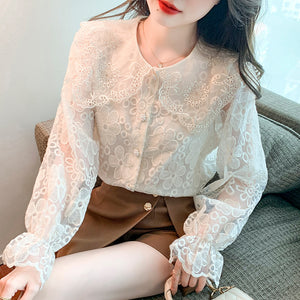 秋季新款娃娃領仙上衣歐美蕾絲雪紡衫襯衫氣質長袖