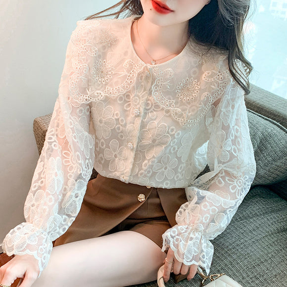 秋季新款娃娃領仙上衣歐美蕾絲雪紡衫襯衫氣質長袖