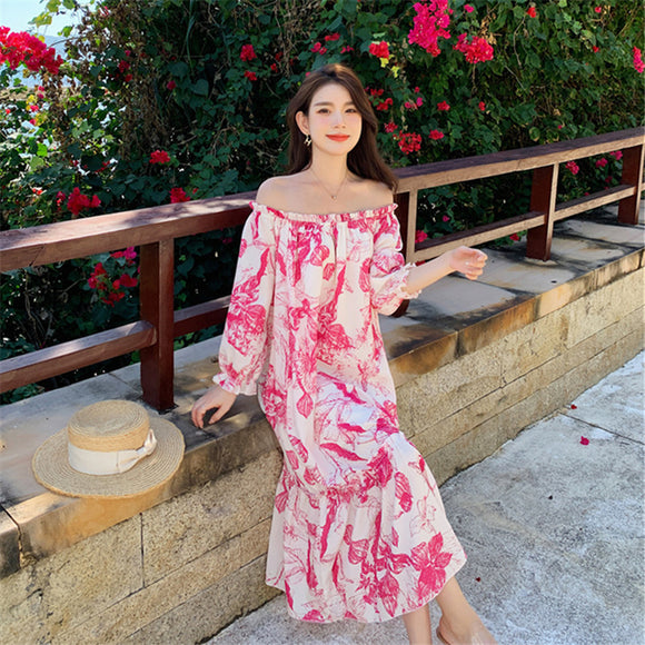 沙灘裙海邊寬鬆顯瘦氣質長裙一字肩度假洋裝2023女夏季