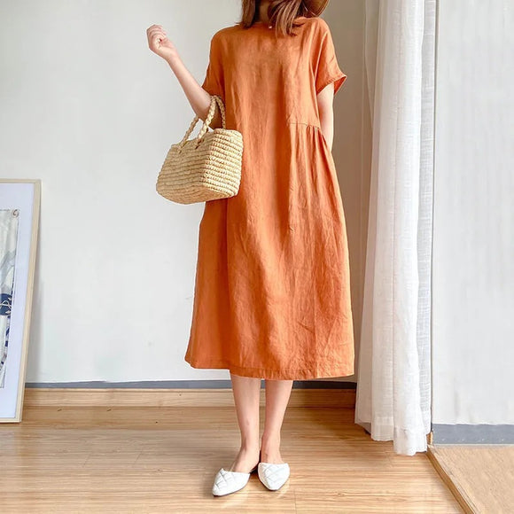 簡約文藝復古寬鬆顯瘦洋裝女夏2022新款大尺碼大尺碼中長款裙子