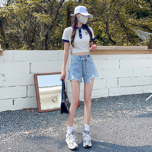 卓普琳大尺碼5XL牛仔短褲女2022夏韓版寬鬆熱褲破洞個性寬褲