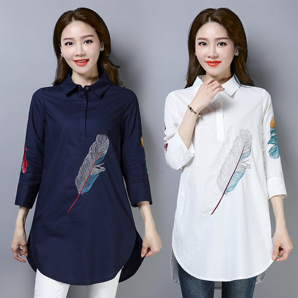 刺繡襯衫女春季棉質七分袖韓版休閒百搭襯衫