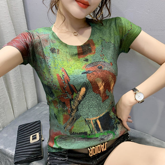 東南亞燙金短袖時尚印花短袖內搭上衣T恤女