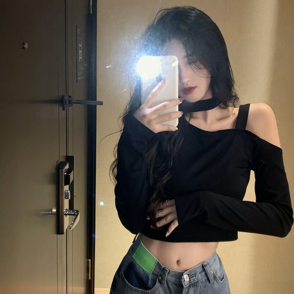 ig設計感小眾小心機露肩性感短款露臍長袖T恤女韓版掛脖內搭上衣