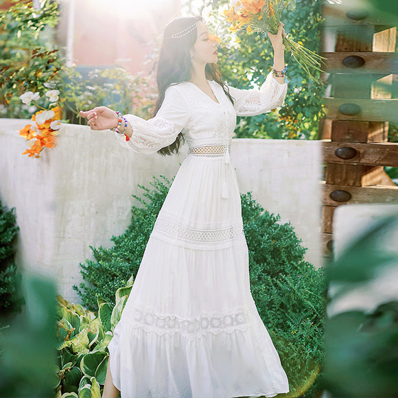 夏季白色長裙V領復古法式仙女裙子收腰顯瘦氣質洋裝度假沙灘裙