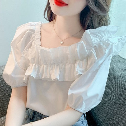 慵懶風荷葉邊邊斜領白色襯衫套頭甜美純色簡約小個子女裝上衣泡泡袖