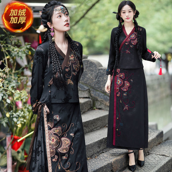 新中式復古斜襟刷毛加厚中國風提花刺繡唐裝上衣+黑色半身裙套裝