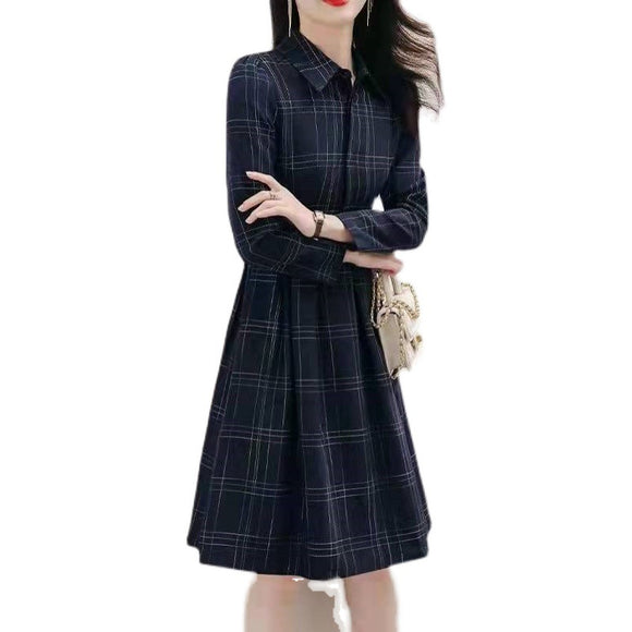 2022秋季新款赫本風法式復古洋裝收腰顯瘦氣質格子襯衫裙子