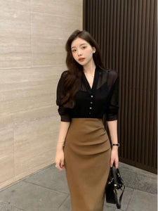 法式高級感通勤襯衫女上衣夏季高腰半身裙包臀裙時尚兩件式套裝裝
