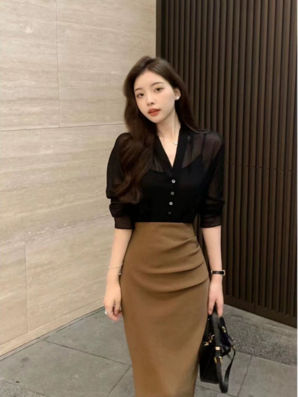 法式高級感通勤襯衫女上衣夏季高腰半身裙包臀裙時尚兩件式套裝裝