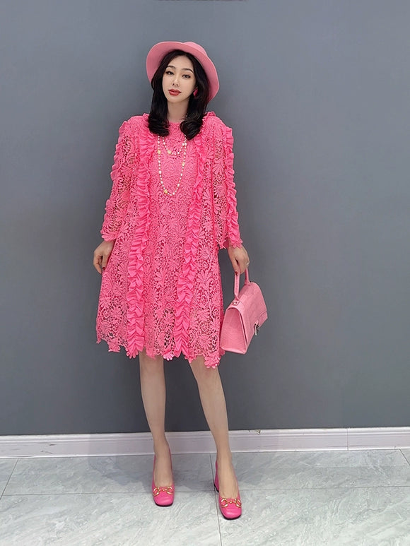 2023夏季韓版時尚鏤空蕾絲中長洋裝顯瘦女裝