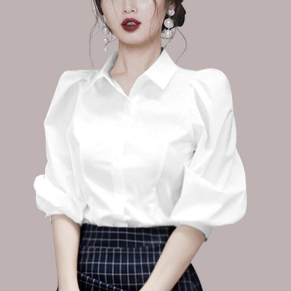 職場顯瘦氣質女神範上衣設計感小眾夏季新女白色泡泡袖襯衫