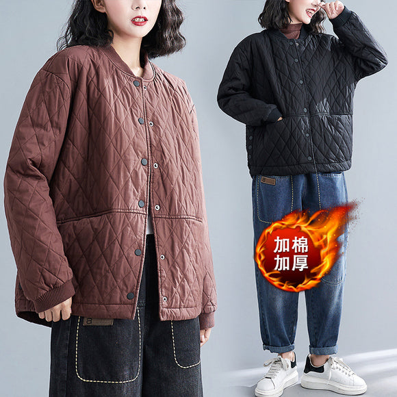 2022秋冬文藝復古寬鬆大尺碼女裝棒球服鋪棉上衣鋪棉加厚棉襖外套