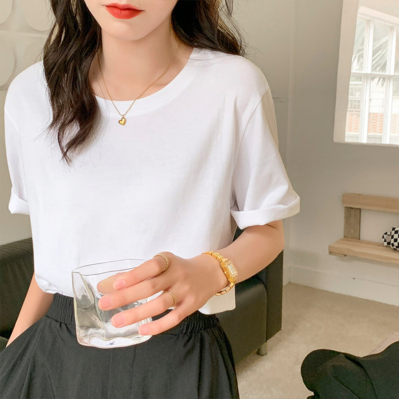 純棉白色短袖T恤女2022夏季韓版簡約寬鬆圓領內搭上衣純色上衣