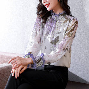 仿真絲襯衫女士年春氣質長袖桑蠶絲上衣