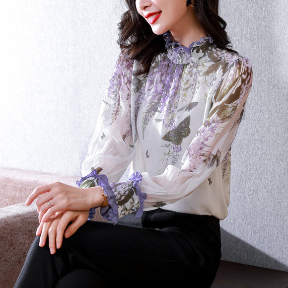 仿真絲襯衫女士年春氣質長袖桑蠶絲上衣