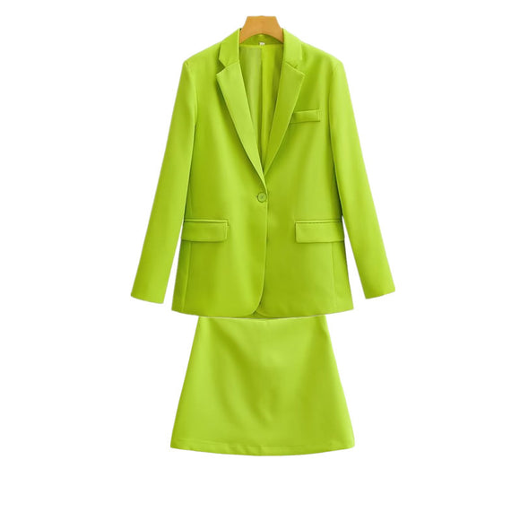 歐美風時尚熒光綠休閒套裝西裝領一粒扣中長款西裝外套高腰半身裙