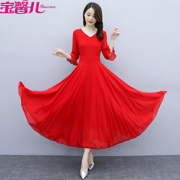 紅色七分袖雪紡長裙子洋裝秋季女裝2021年新款大尺碼氣質顯瘦長裙
