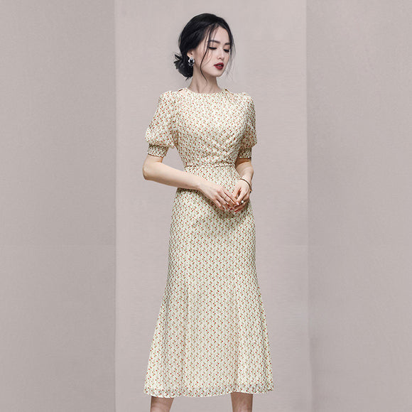 跨境2021新款女裝時尚優雅鏤空顯瘦魚尾提花雪紡印花綁帶洋裝
